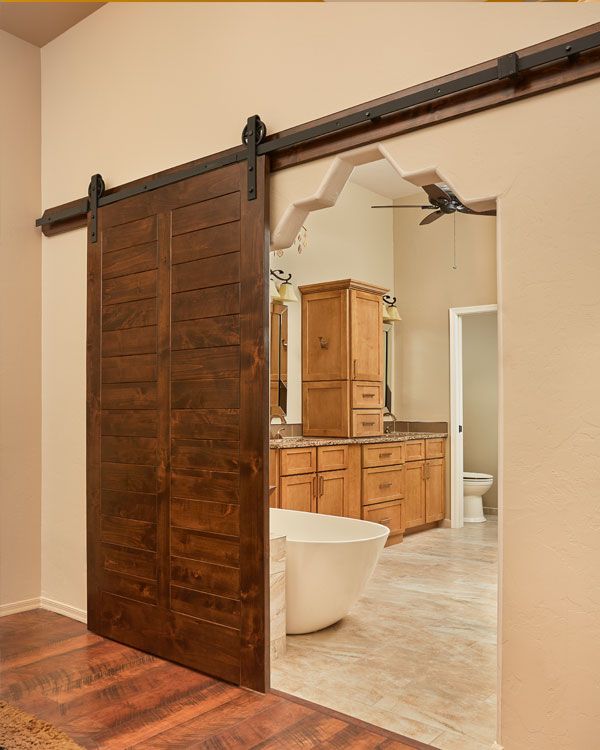 Sliding door into a bathroom. 