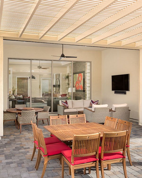 back patio with brick flooring. 