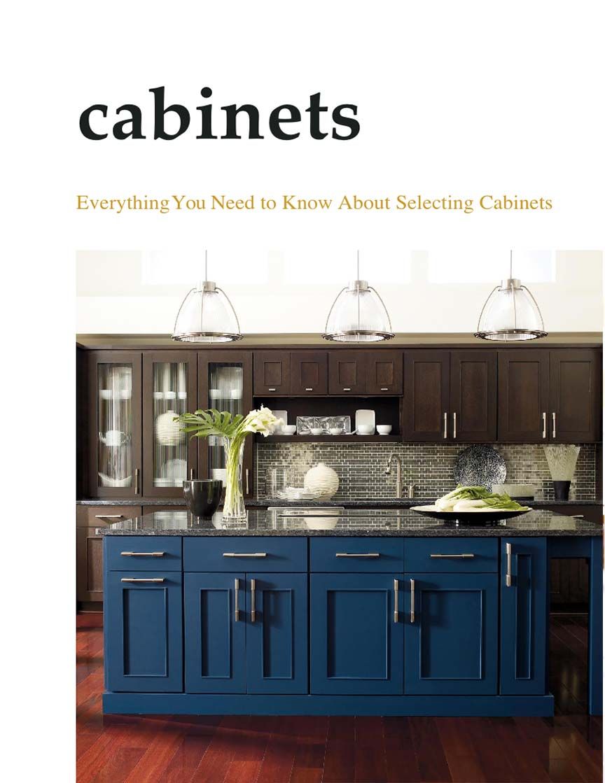 Blue cabinets with dark red hardwood floors. 