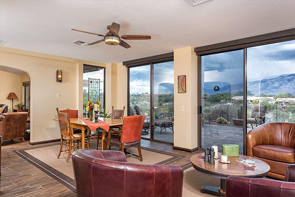 Red seats in open design living room.