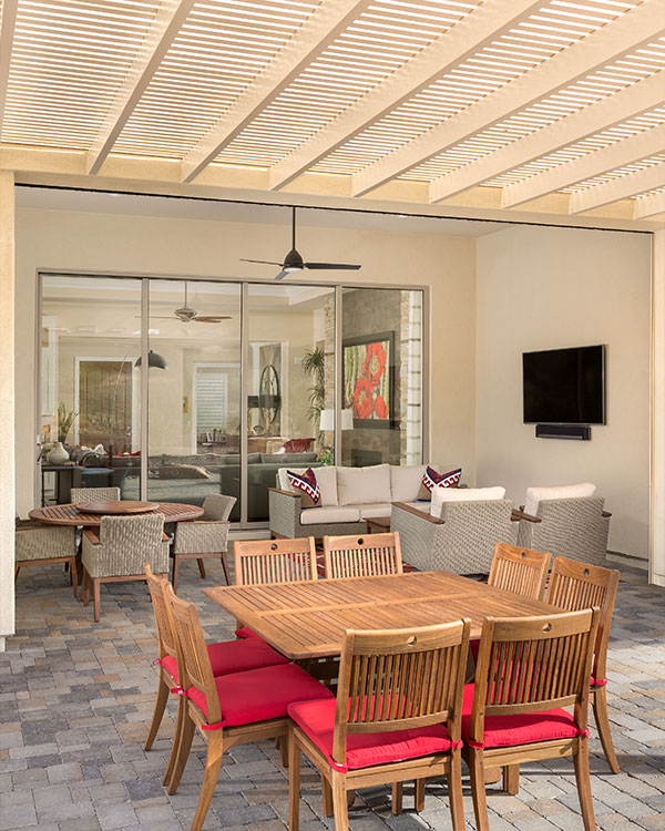 back patio with brick flooring.