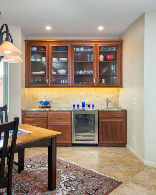 Marbled flooring with white walls.