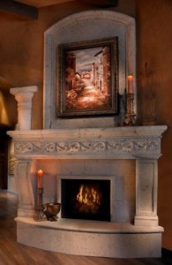 A massive cantera stone fireplace